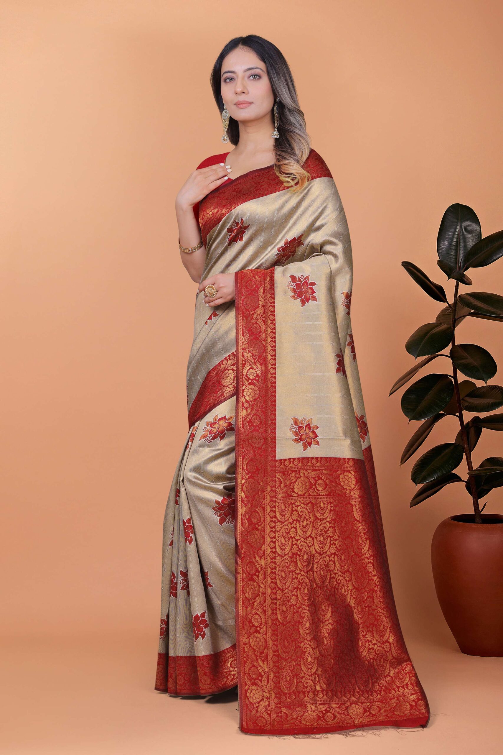 Royal Radiance Antique Gold & Maroon Banarasi Silk Saree with Zari Work | Wedding, Puja & Festive Occasion Wear